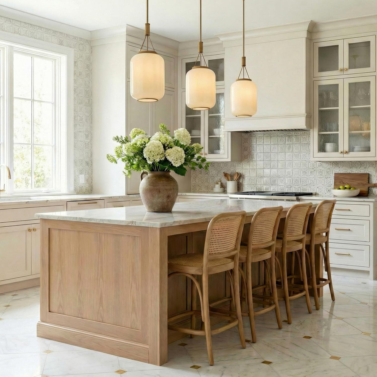 Yuma Pendant 14", Patina Brass and Rattan with Cream Milk Glass globe pendant in a Transitional Kitchen with a white marble island.