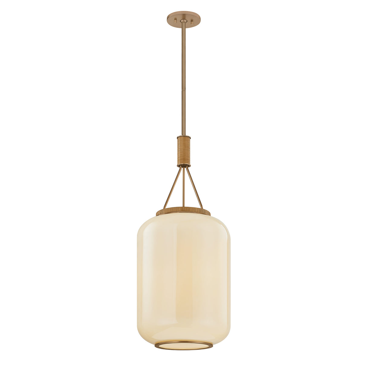Yuma Pendant 14", Patina Brass and Rattan with Cream Milk Glass