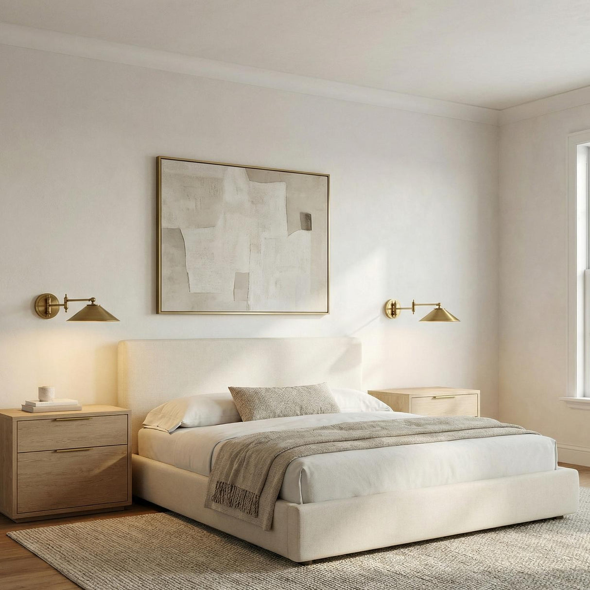 Kelsie Swing Arm LED Wall Sconce, Aged Brass geometric Wall Sconce in a Contemporary Bedroom with a cream bed and oak nightstand.