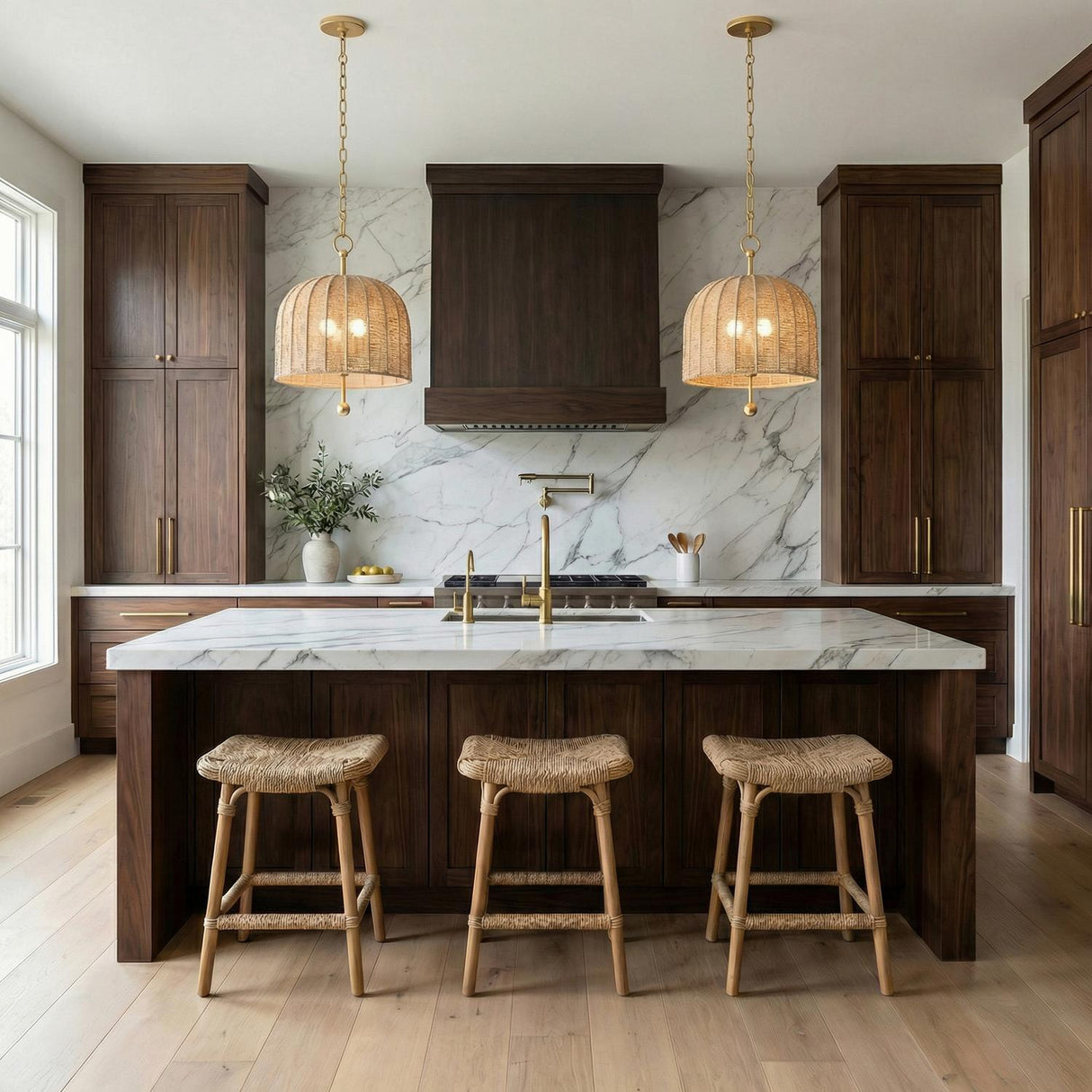 Benito Medium Pendant 15", Gold Leaf and Natural Rope woven pendant in a Modern Farmhouse Kitchen with a white marble island.