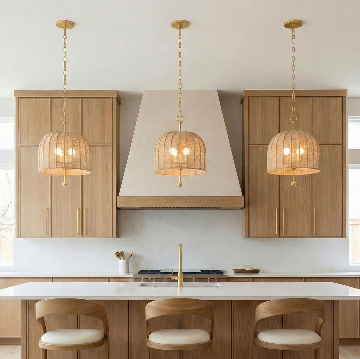 Benito Medium Pendant 15", Gold Leaf and Natural Rope woven pendant in a Modern Farmhouse Kitchen with a white marble island.