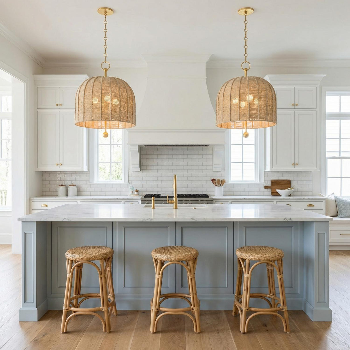 Benito Large Pendant 20", Gold Leaf and Natural Rope woven pendant in a Coastal Kitchen with a white marble island and rattan stools.