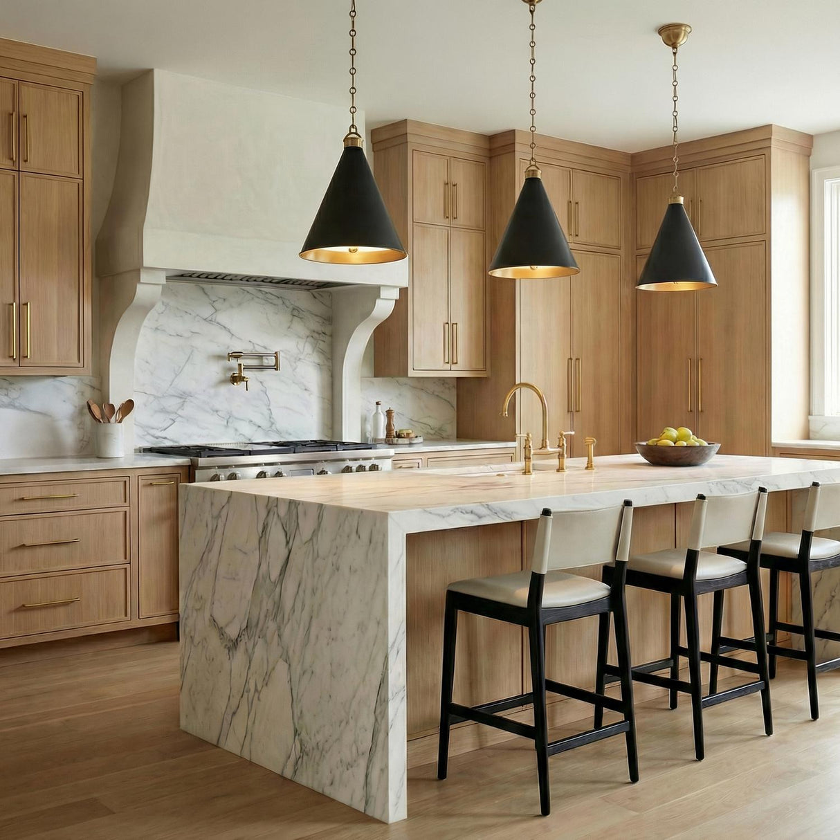 Ambrose Medium Pendant 15", Urban Bronze and Aged Brass geometric Pendant in a Modern Farmhouse Kitchen with a white marble island.