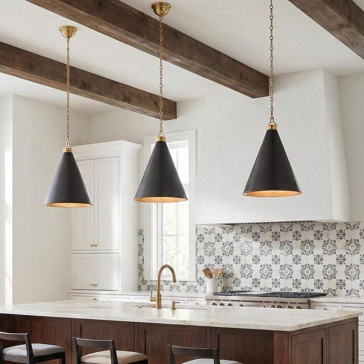 Ambrose Medium Pendant 15", Urban Bronze and Aged Brass geometric pendant in a Modern Farmhouse Kitchen with a white marble island.