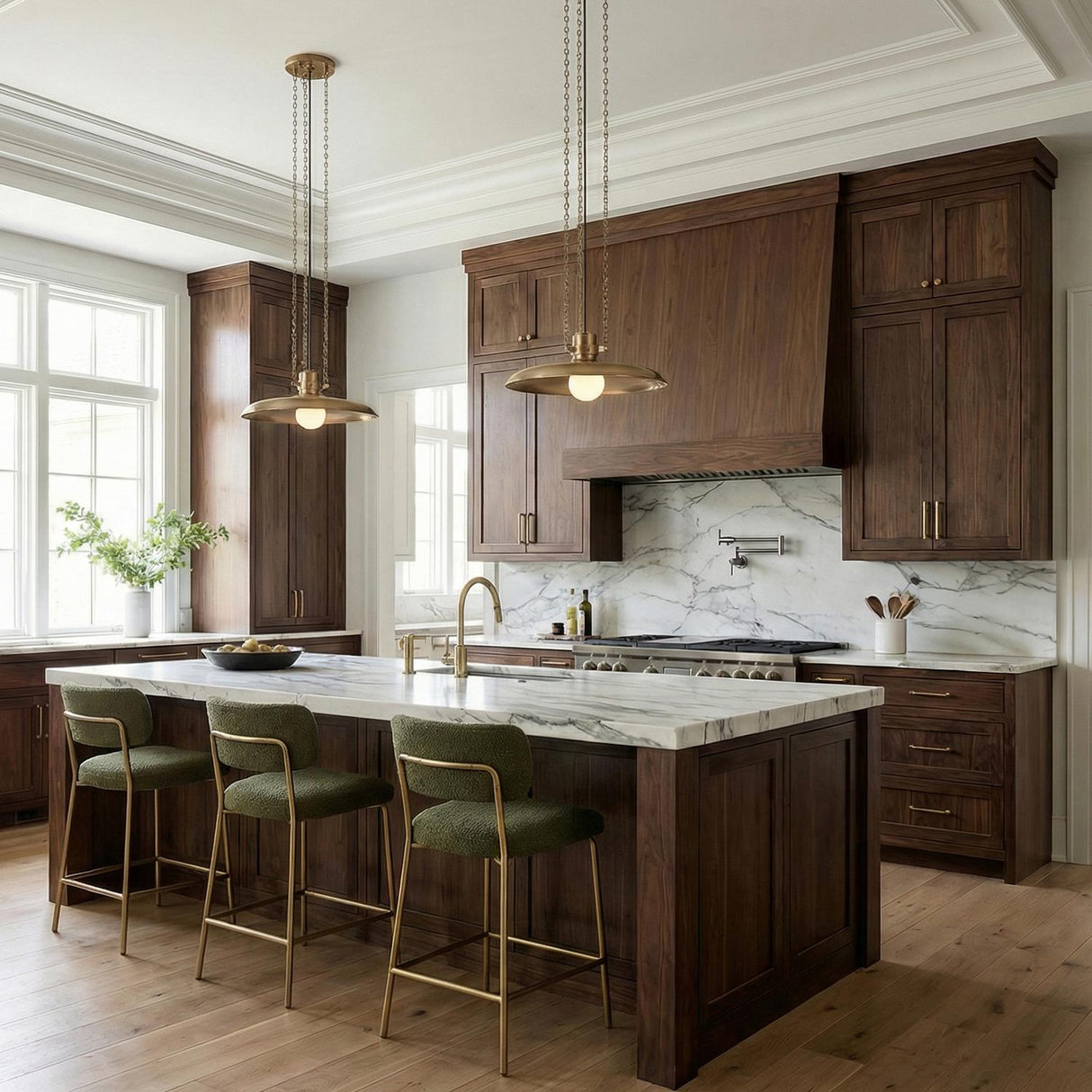 Titan Medium Pendant 16", Patina Brass geometric Pendant in a Transitional Kitchen with a white marble island and green bar stools.