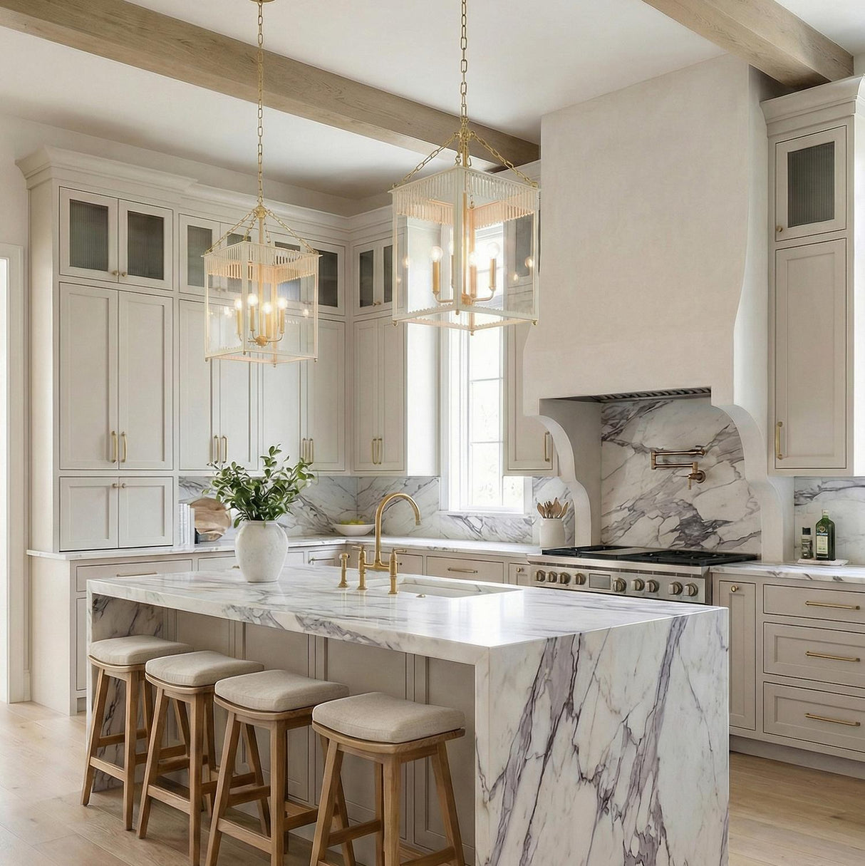 Roanne Large Lantern Pendant 17", Cream and Aged Brass geometric pendant in a Transitional Kitchen with a white marble island.