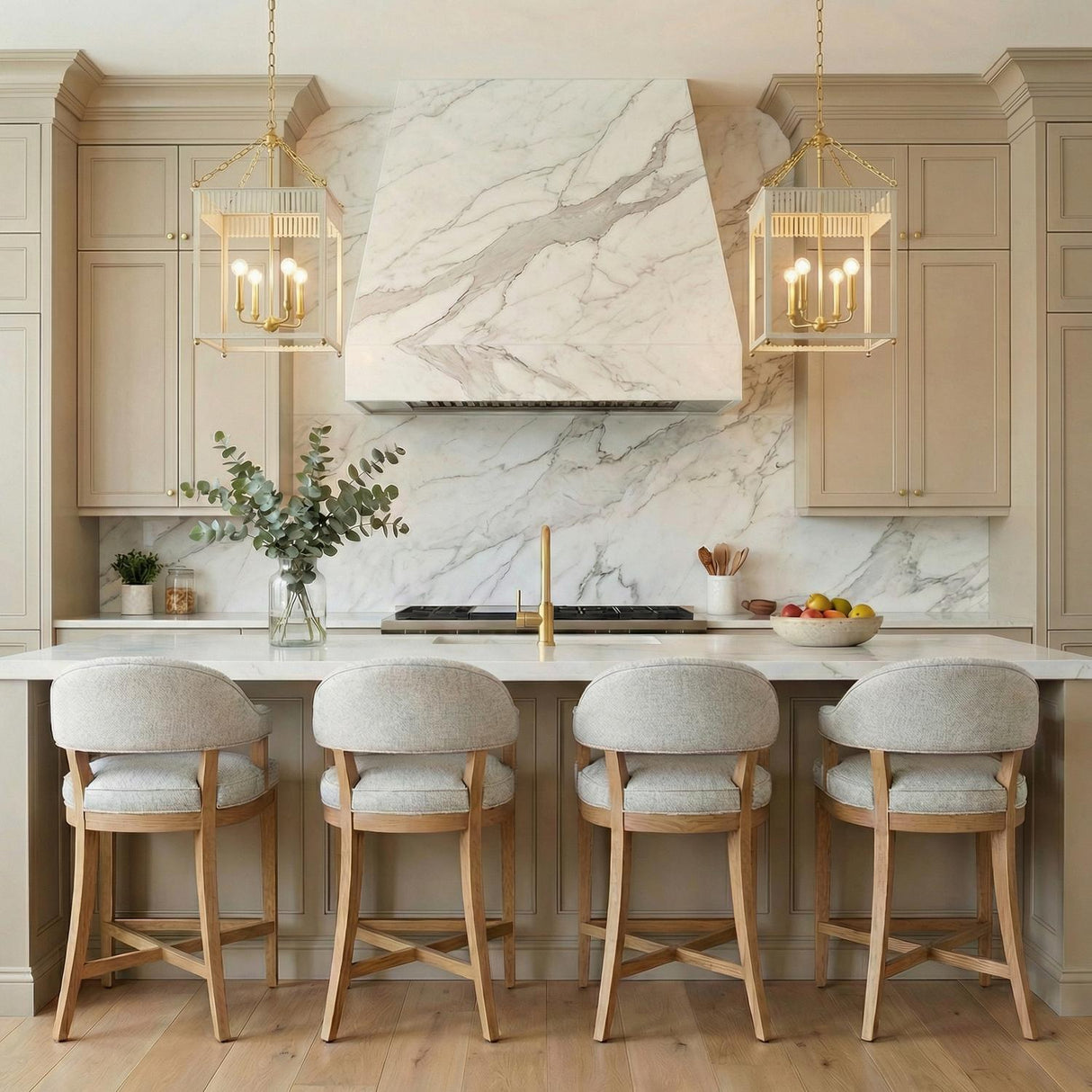 Roanne Large Lantern Pendant 17", Cream and Aged Brass geometric lantern pendant in a Transitional Kitchen with a white marble island.