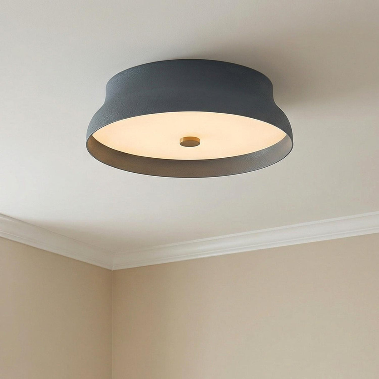Lark Small LED Flush Mount 12", Slate geometric Flush Mount in a Contemporary Hallway with white crown molding.