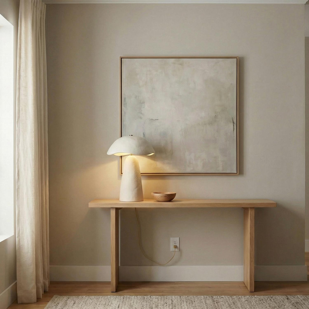 Janna Table Lamp 21", Artisan Ivory scalloped Table Lamp in a Modern Entryway with a light wood console table.