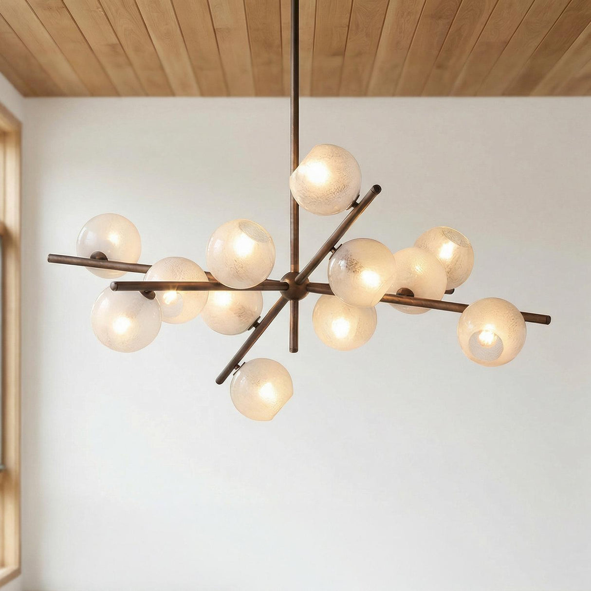 Felix 12 Light Chandelier 42", Bronze Leaf and Seeded Cloud Glass