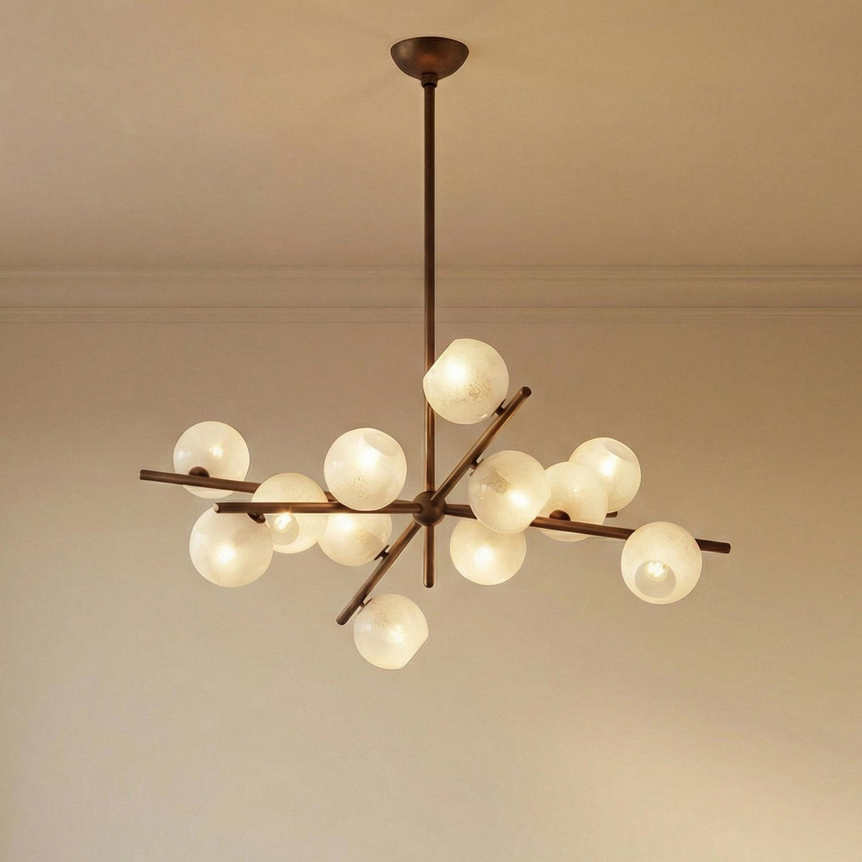 Felix 12 Light Chandelier 42", Bronze Leaf and Seeded Cloud Glass