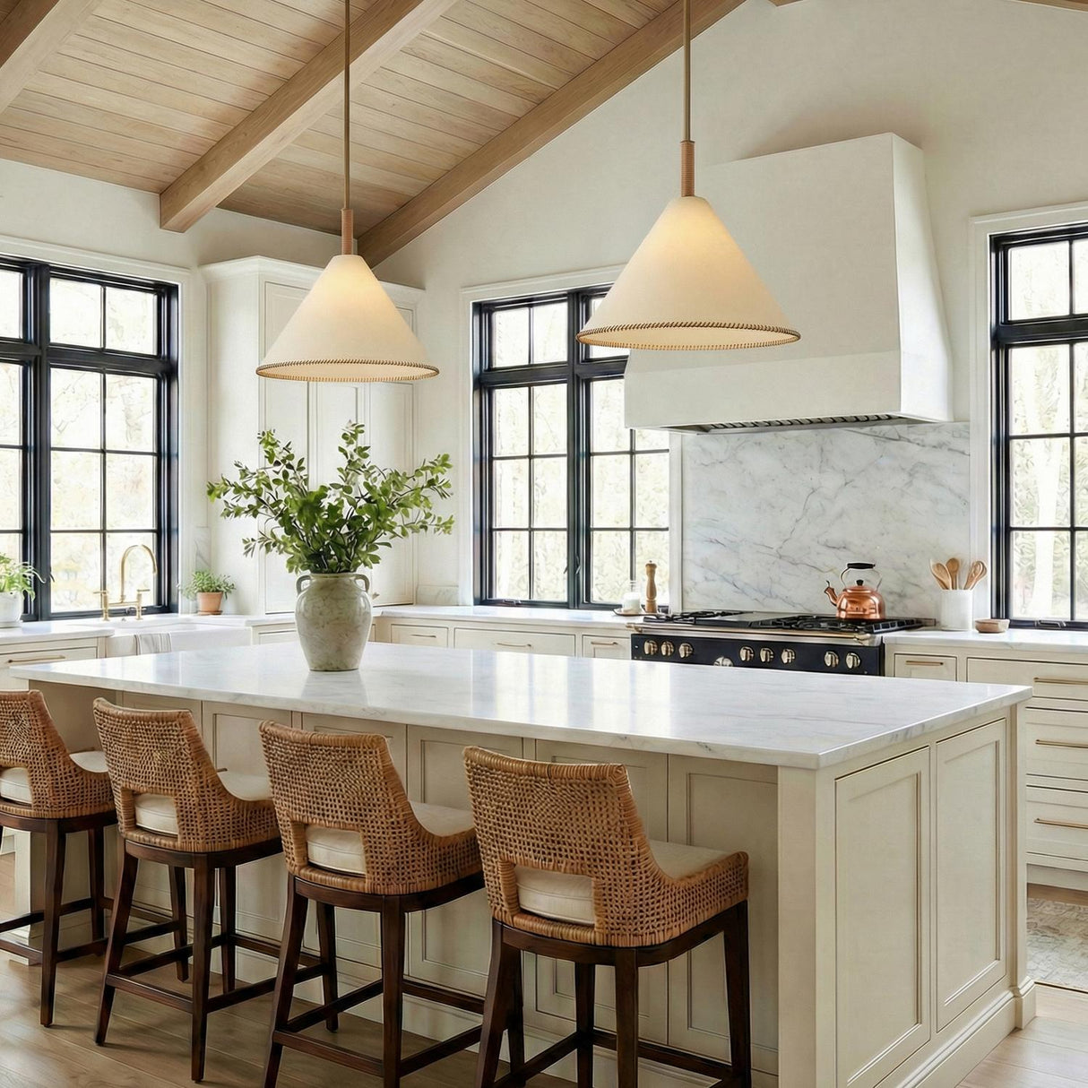 Delora Pendant 24", Patina Brass and Cream geometric pendant in a Modern Farmhouse Kitchen with a white marble island and rattan stools.