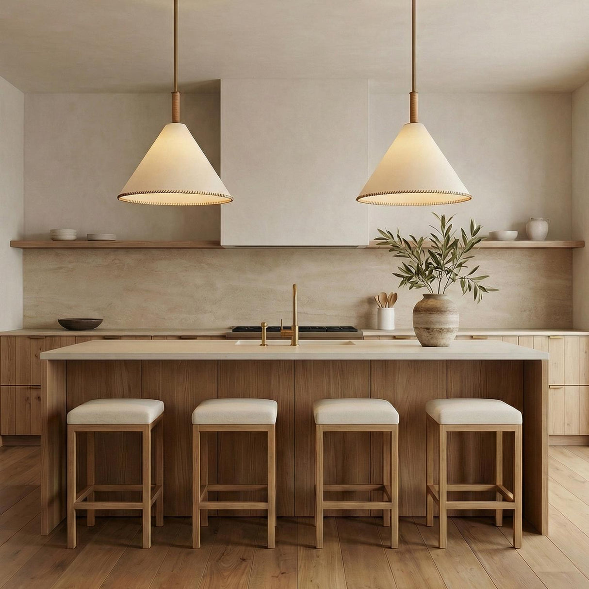 Delora Pendant 24", Patina Brass and Rattan Cream woven pendant in a Contemporary Kitchen with a wooden island and white bar stools.