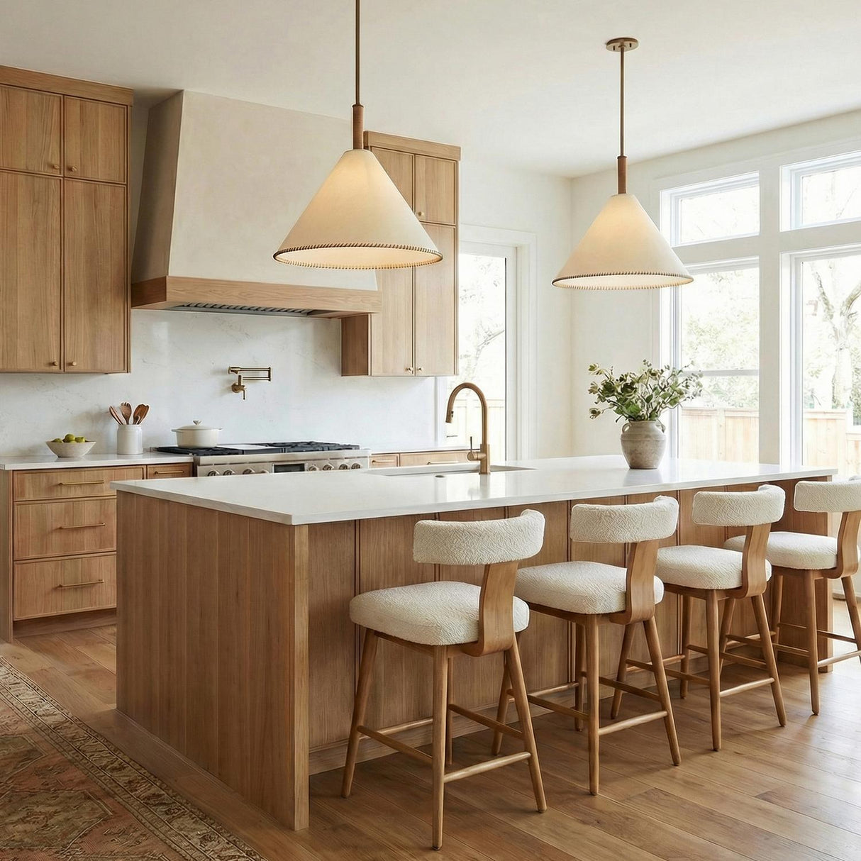 Conical Brass and Cream geometric pendant in a Modern Farmhouse Kitchen with a white marble island and bouclé bar stools.