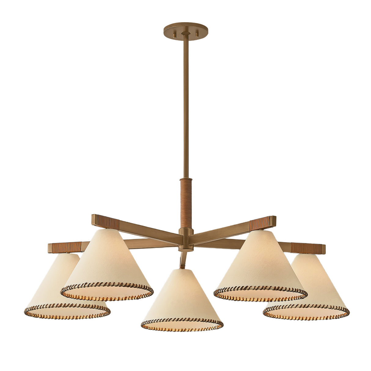 Delora 5 Light Chandelier 40", Patina Brass and Rattan