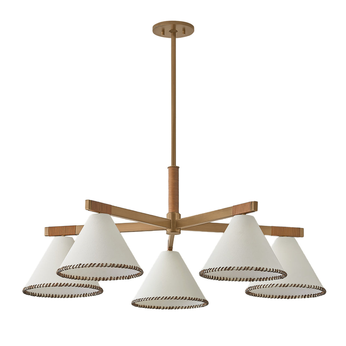 Delora 5 Light Chandelier 40", Patina Brass and Rattan