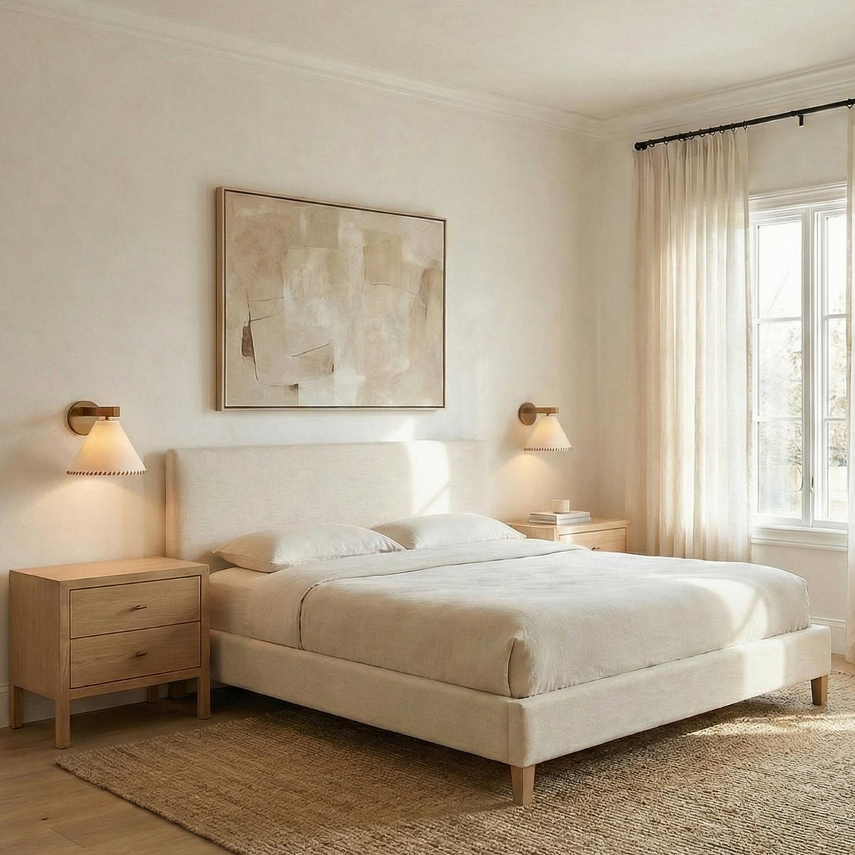 Delora Wall Sconce 9", Patina Brass and Rattan scalloped wall sconce in a Transitional Bedroom with a cream upholstered bed.