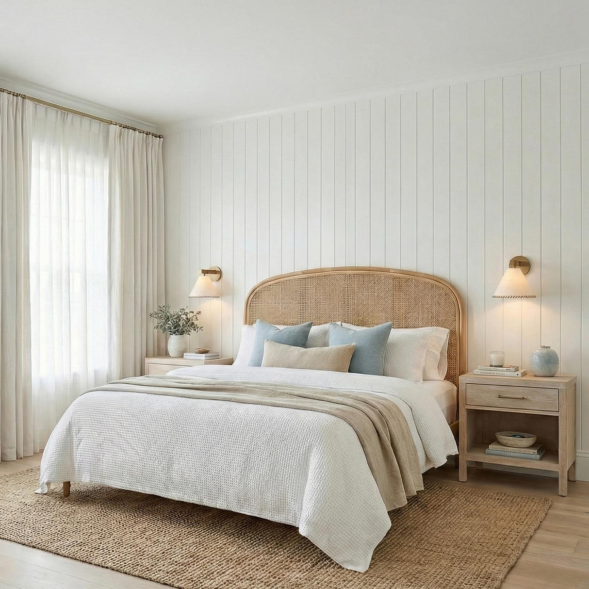 Delora Patina Brass woven wall sconce in a Coastal Bedroom with a rattan headboard and light wood nightstands.