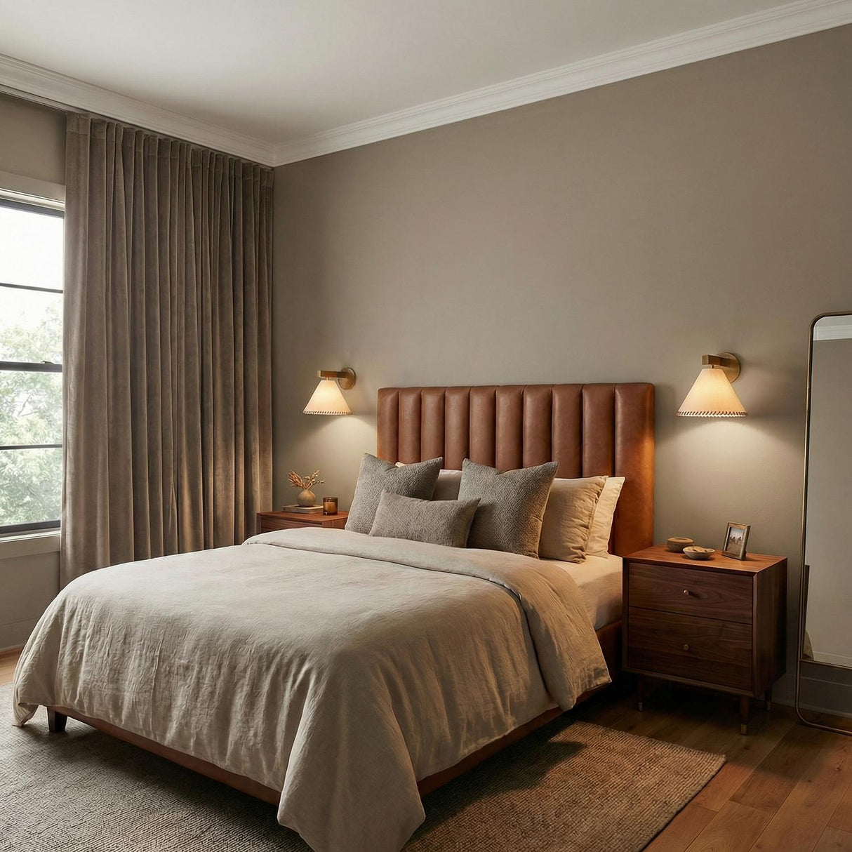 Delora Wall Sconce 9", Patina Brass and Rattan scalloped Wall Sconce in a Transitional Bedroom with a leather channel-tufted bed.