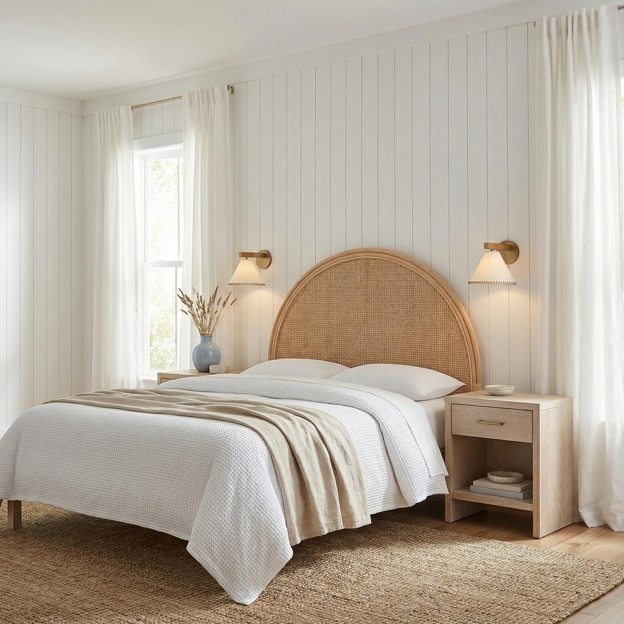 Delora Wall Sconce 9", Patina Brass and Rattan woven wall sconce in a Coastal Bedroom with a rattan headboard and shiplap walls.