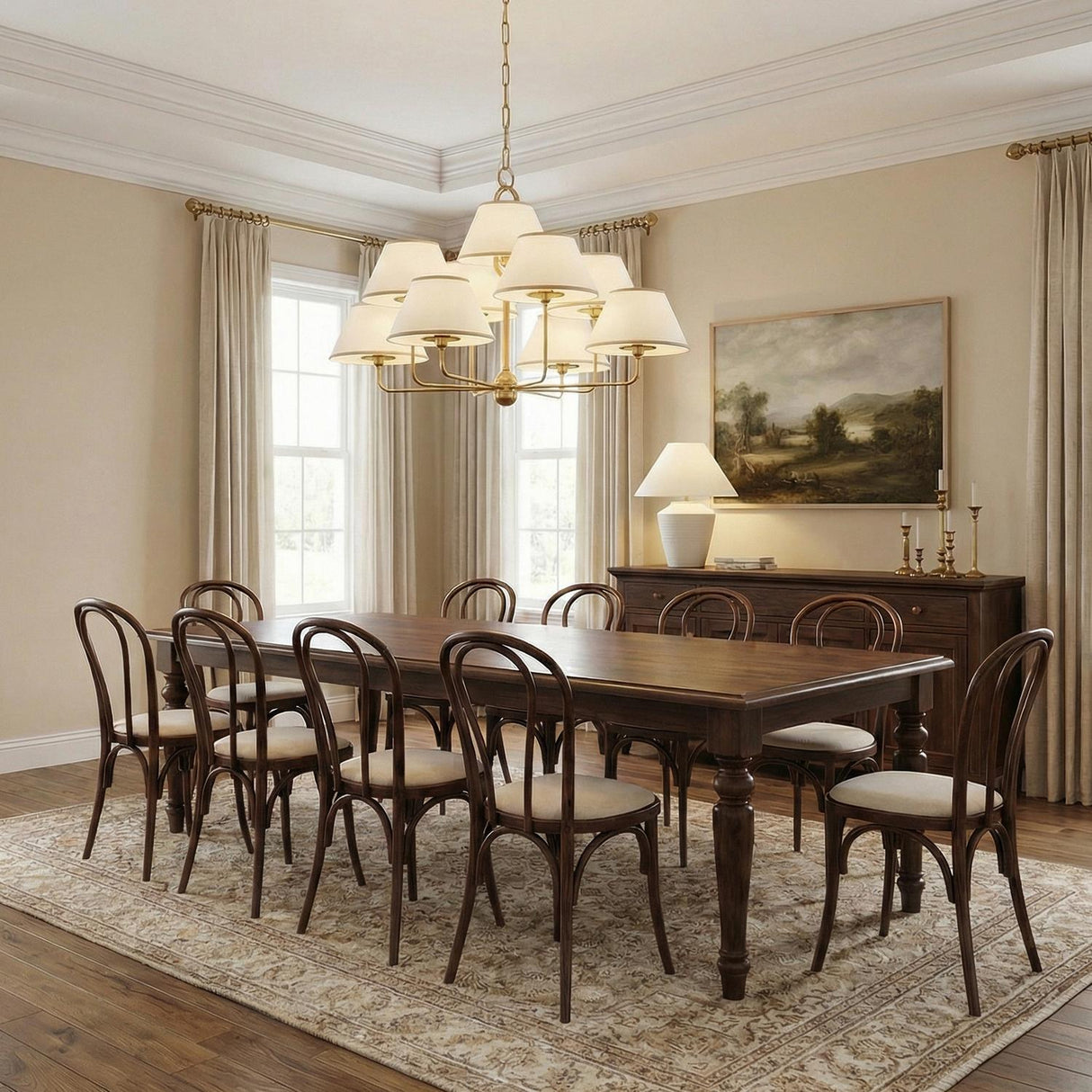 Belmont 9 Light Chandelier 40", Aged Brass tiered chandelier in a Traditional Dining Room with a dark oak table and bentwood chairs.