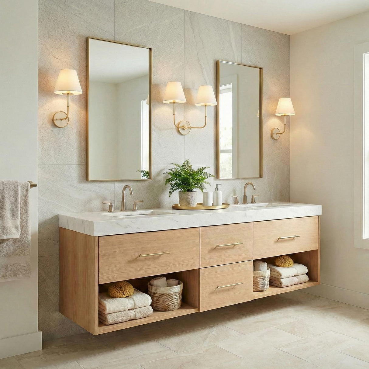 Cicero Wall Sconce 17", Off White and Aged Brass geometric wall sconce in a Transitional Bathroom with a light oak double vanity.