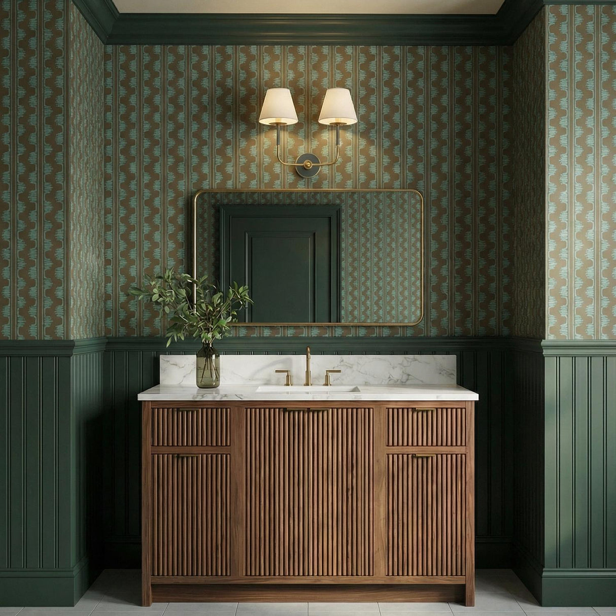 Cicero Double Wall Sconce 16", Forest Green and Aged Brass linear Wall Sconce in a Traditional Bathroom with a wood slat vanity.