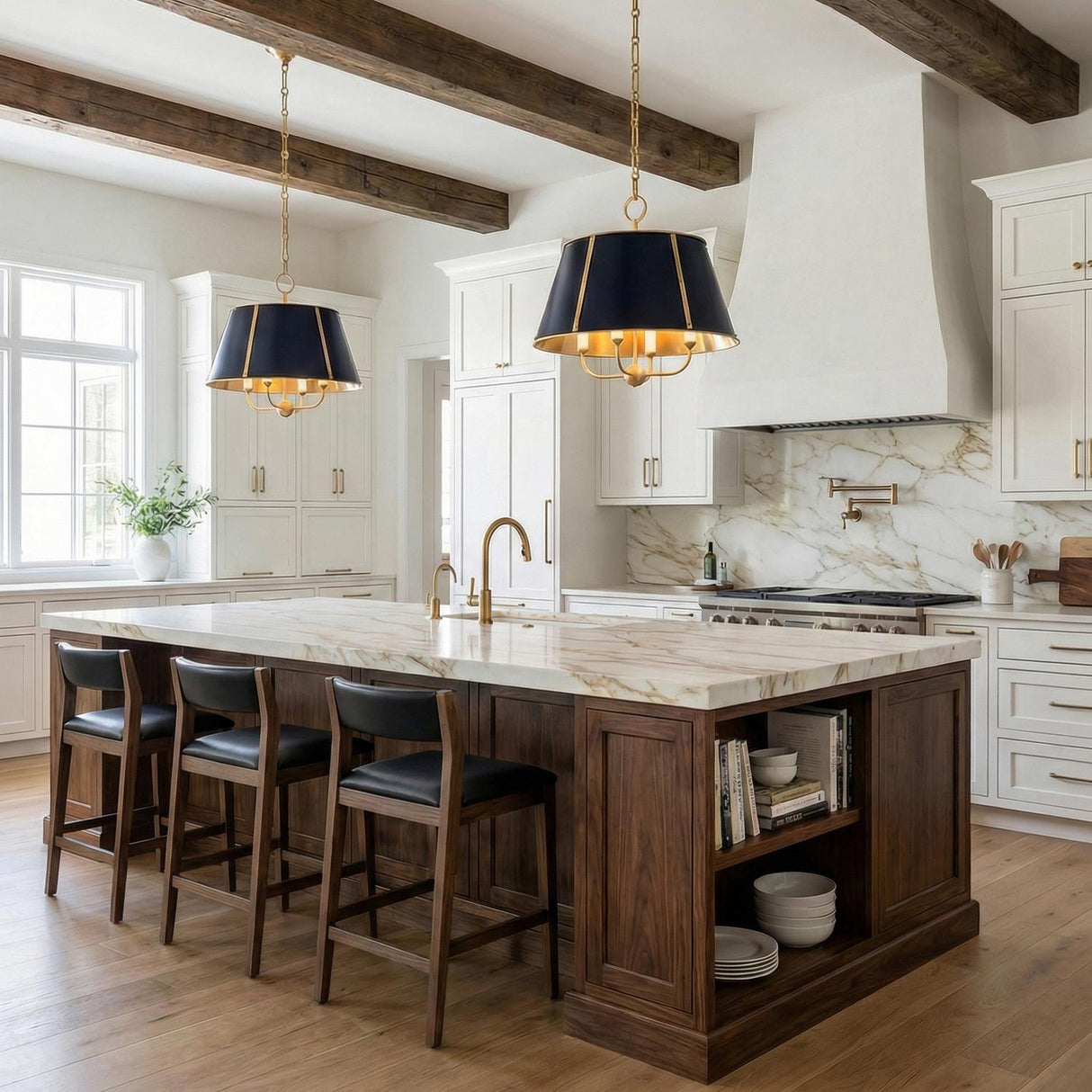 Avery 4 Light Large Pendant 20", Midnight Blue and Aged Brass geometric Pendant in a Modern Farmhouse Kitchen with a white marble island.