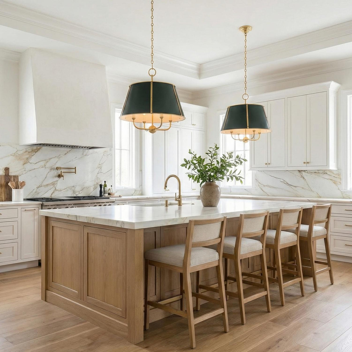 Avery 4 Light Large Pendant 20", Forest Green and Aged Brass geometric Pendant in a Transitional Kitchen with a white marble island.