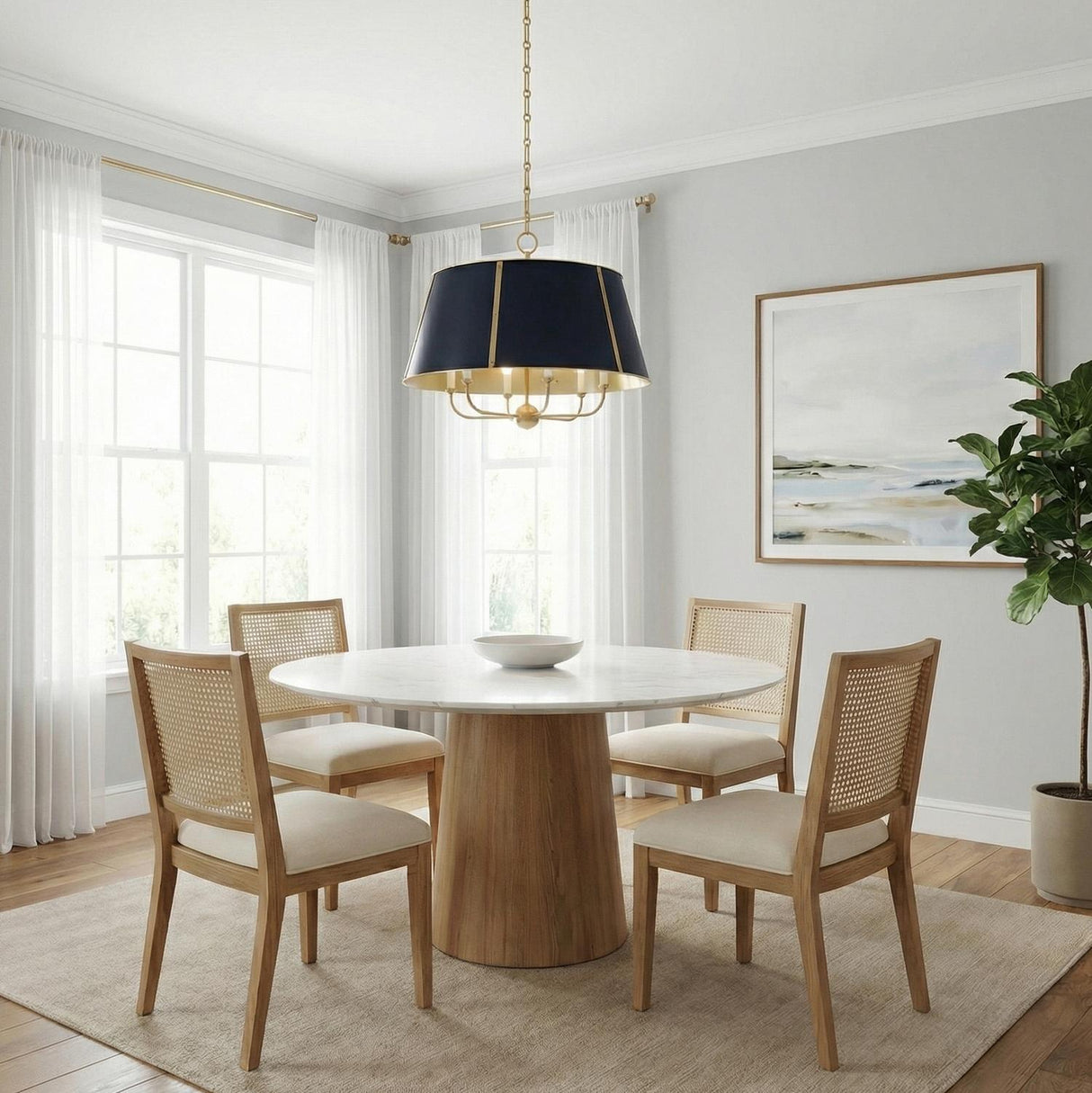 Avery 6 Light Extra Large Pendant 28", Midnight Blue and Aged Brass geometric pendant in a Transitional Dining Room with a marble table.
