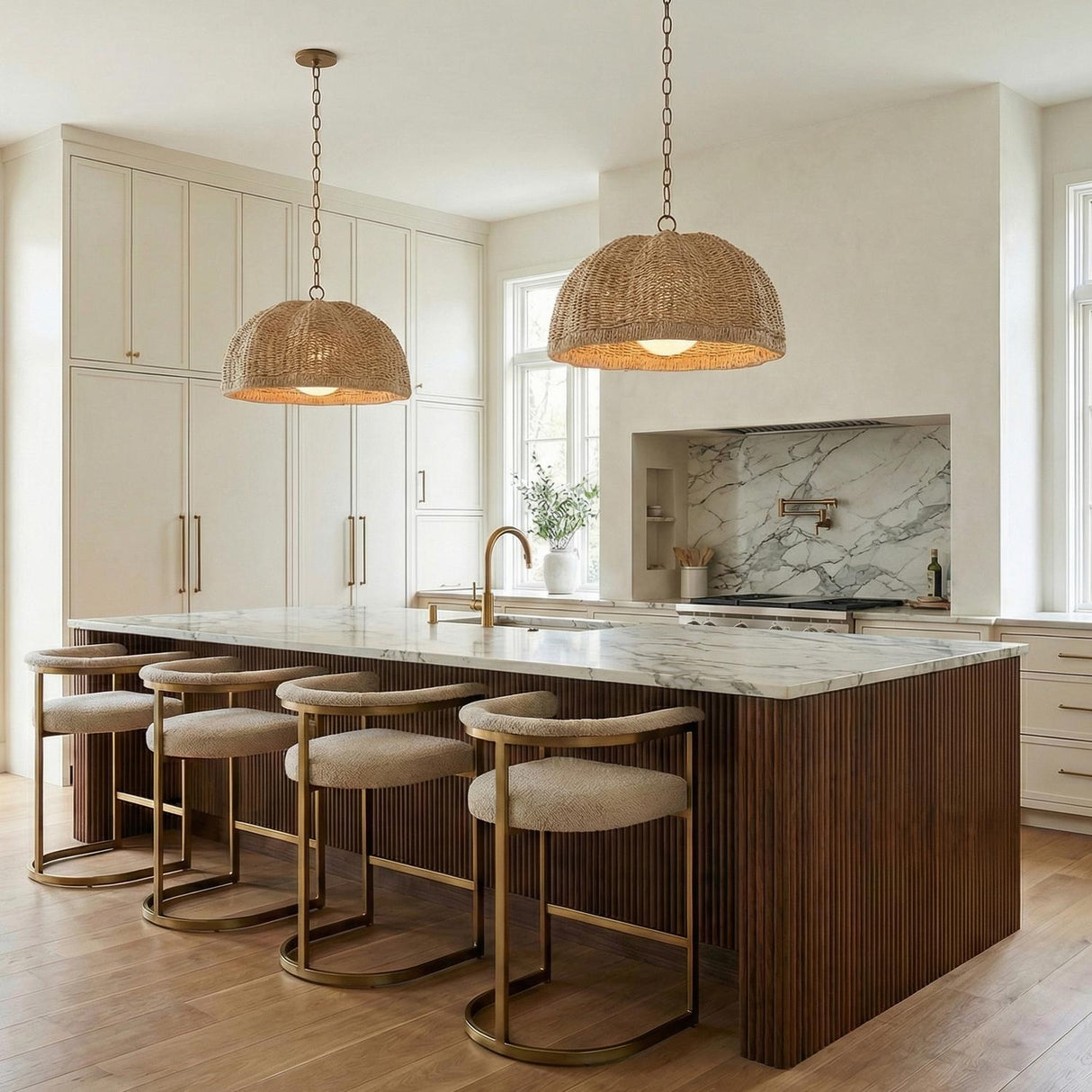 Santiago Large Pendant 24", Natural and Patina Brass woven pendant in a Contemporary Kitchen with a white marble island.
