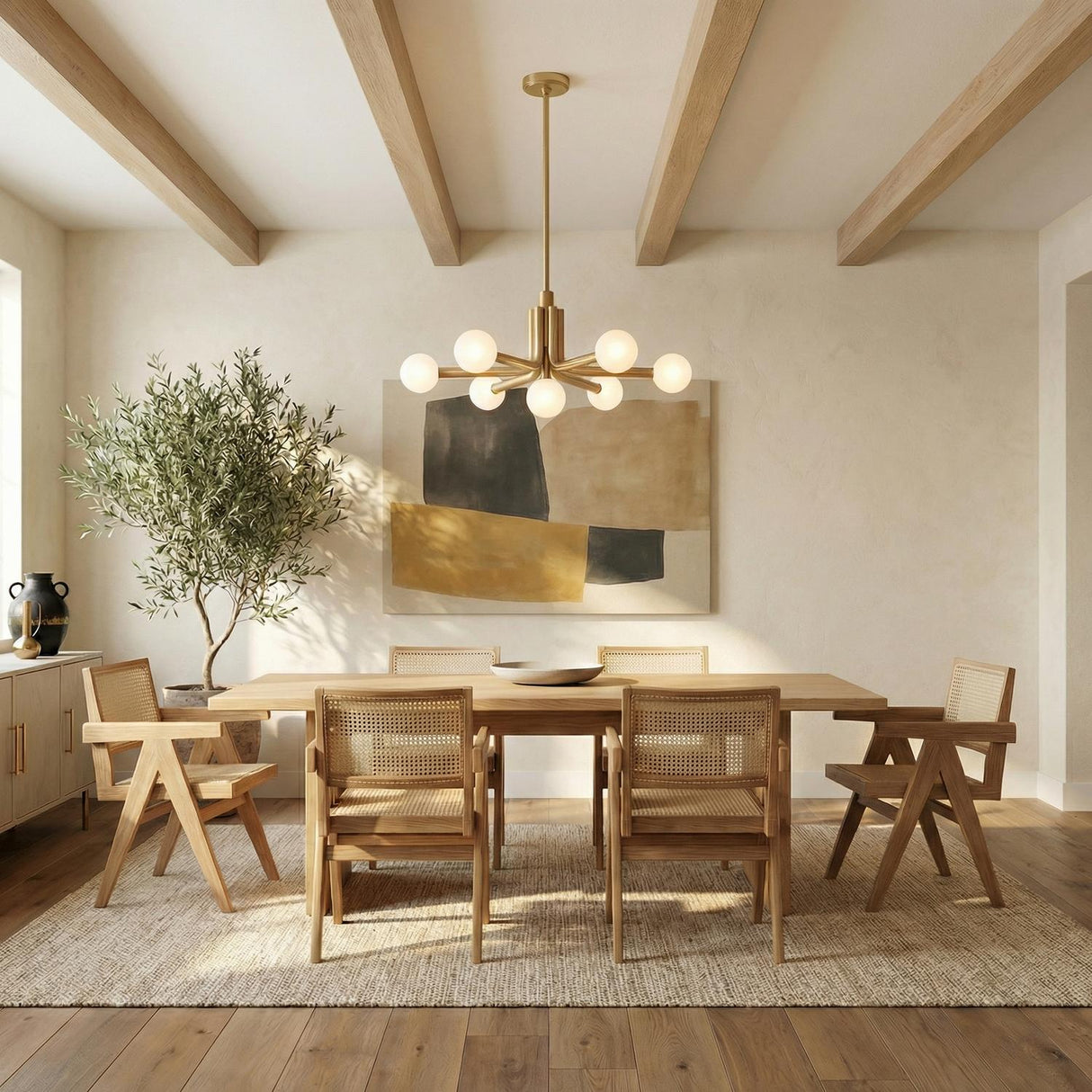 Maribel 8 Globe Chandelier 29", Satin Brass globe Chandelier in a Transitional Dining Room with a light oak table and cane chairs.