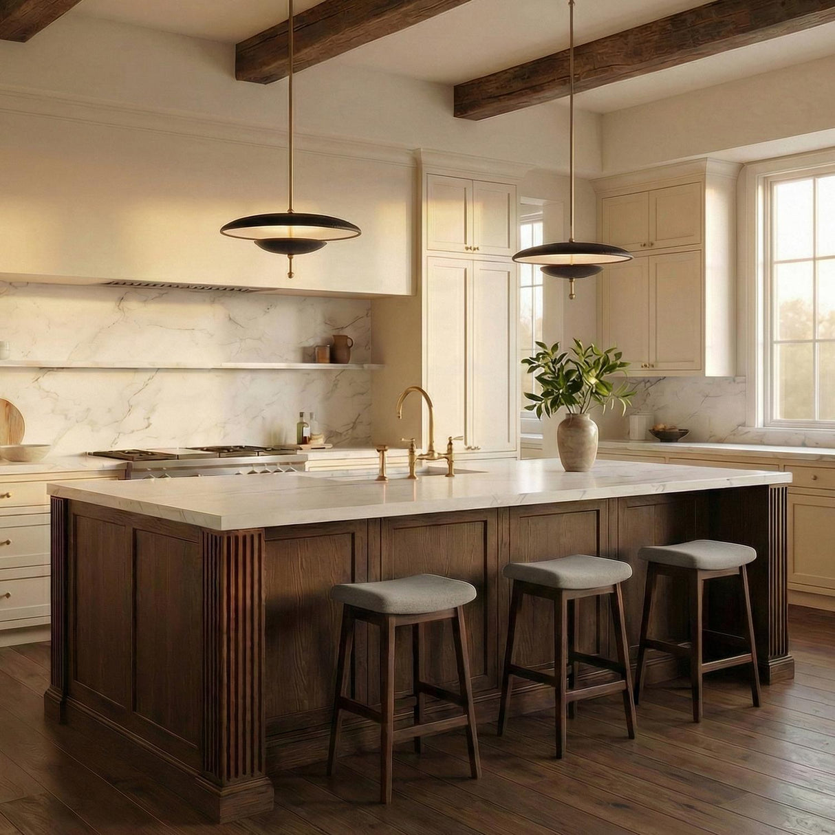 Lloyd Large LED Pendant 20", Black Leather and Satin Brass