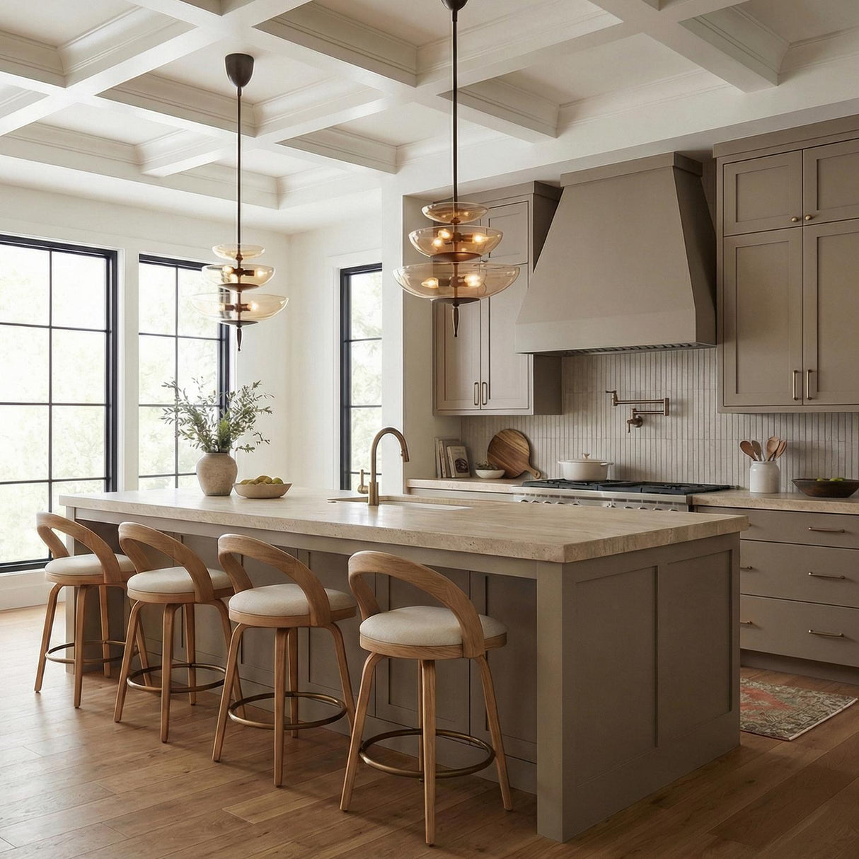 A transitional kitchen features Zara Large Three-Tier Pendant 21", Bronze and Chamomile Glass over a beige stone island under a white coffered ceiling with taupe cabinets.
