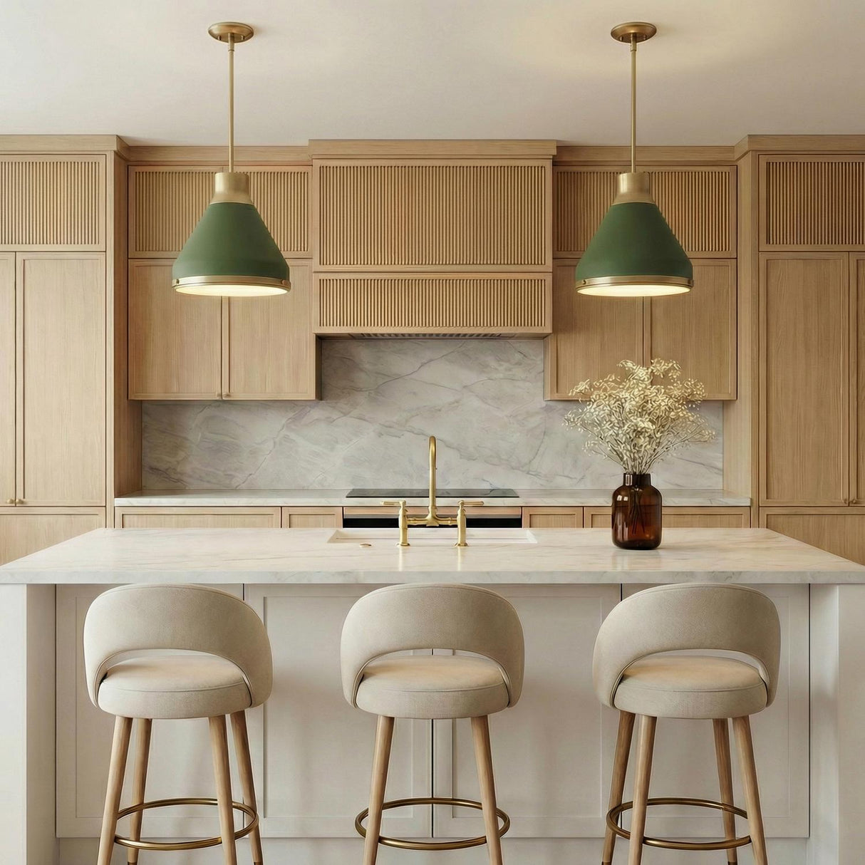 A contemporary kitchen features two Drew Medium Pendant 19" fixtures in olive green and aged brass hanging over a white marble island with fluted wood cabinets.