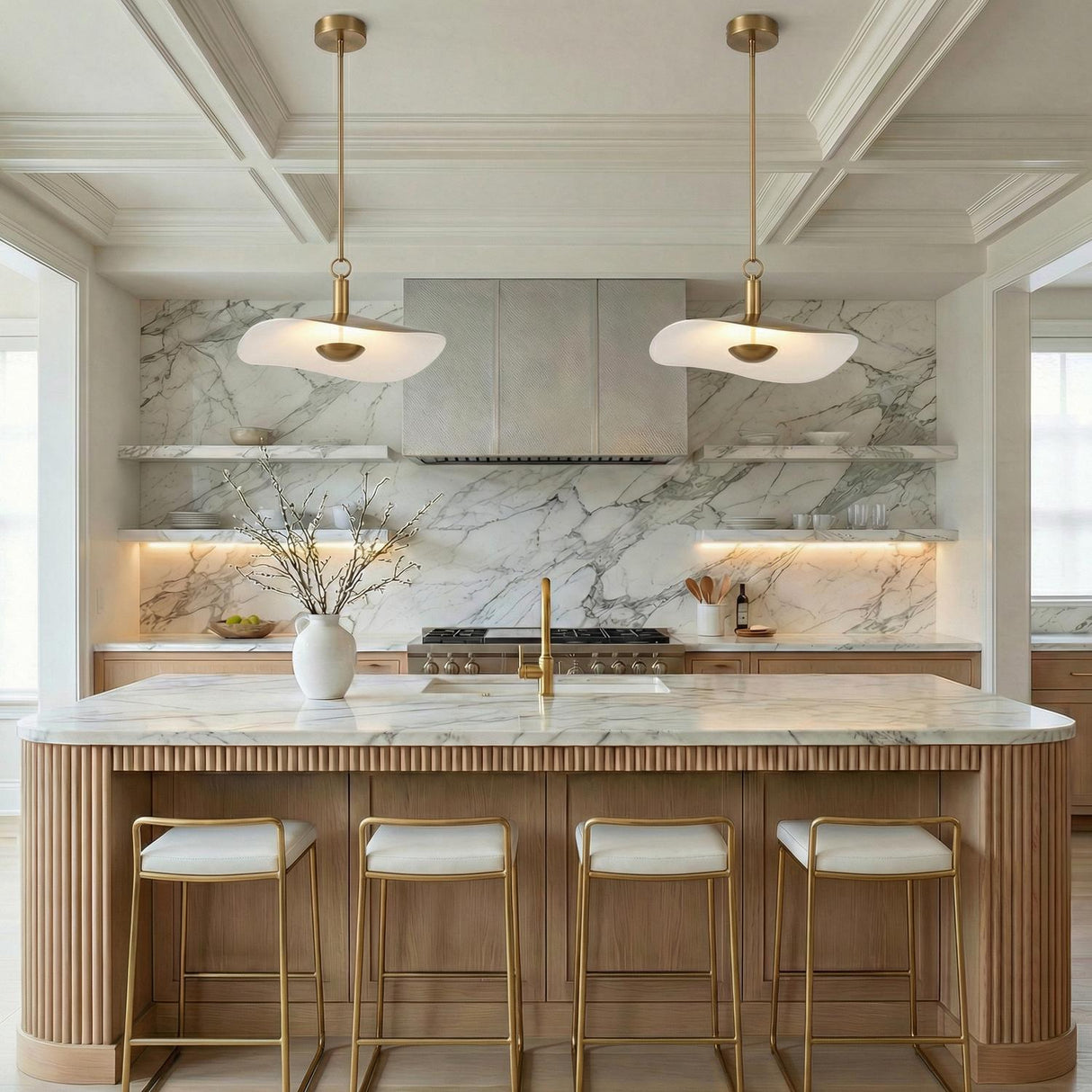 Celine Large LED Pendant 24", Polished Brass and Glazed Ceramic