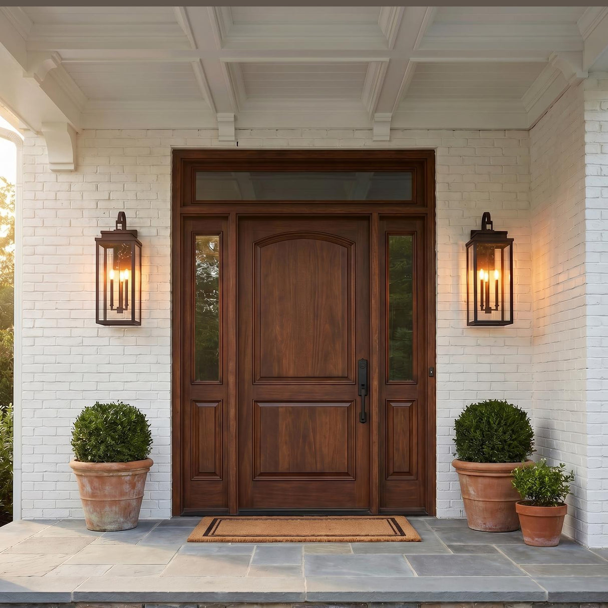 A traditional white brick entry with two Trevor Outdoor Wall Light, Extra Large 31", Bronze lanterns flanking a wood door at dusk with boxwood in terracotta pots.
