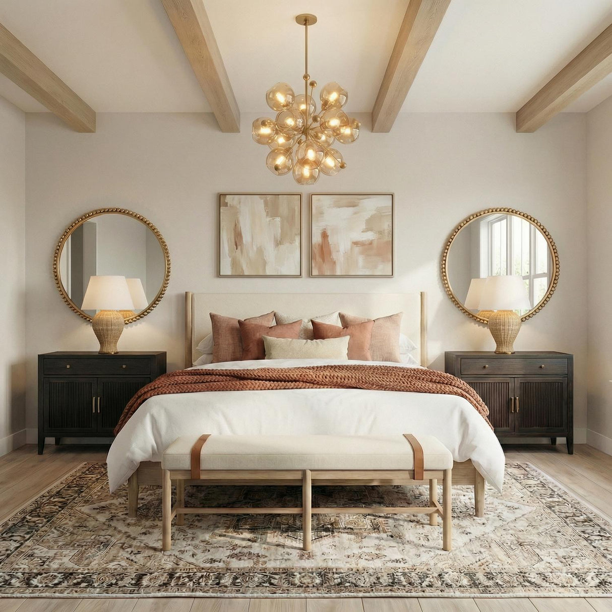 Bianca Large Chandelier 32", Patina Brass and Topaz Glass globe chandelier in a Transitional Bedroom with wood beams and a beige headboard.