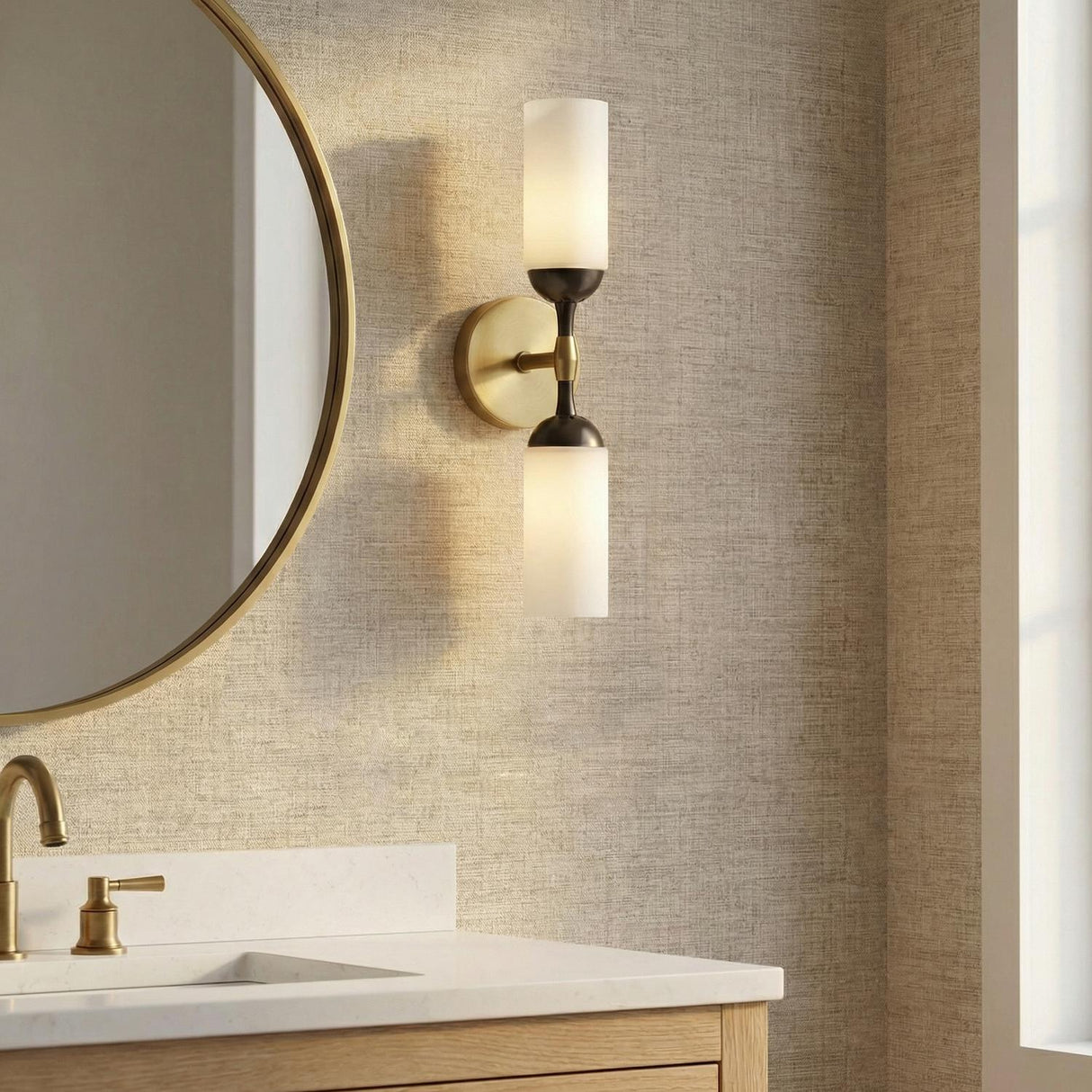Charlton Double Wall Sconce 18", Antique Brass and Bronze linear Wall Sconce in a Transitional Bathroom with a white marble vanity.