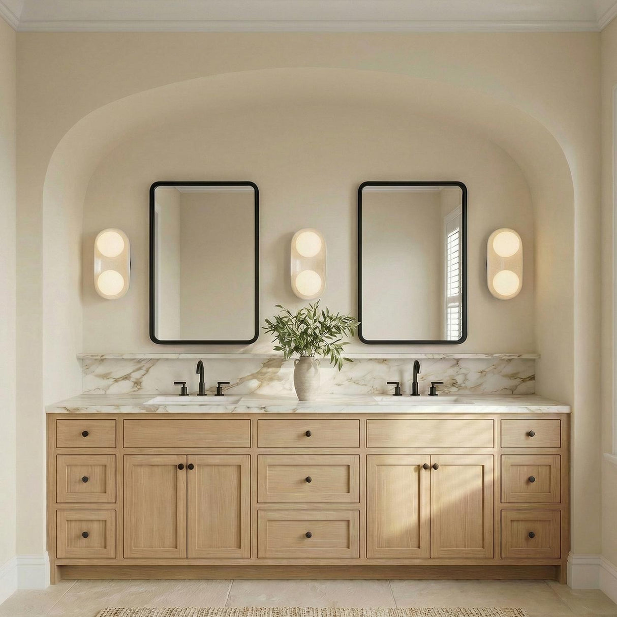 Hanley Double Wall Sconce 16", Ivory Crackle Ceramic geometric Wall Sconce in a Contemporary Bathroom with a double vanity.