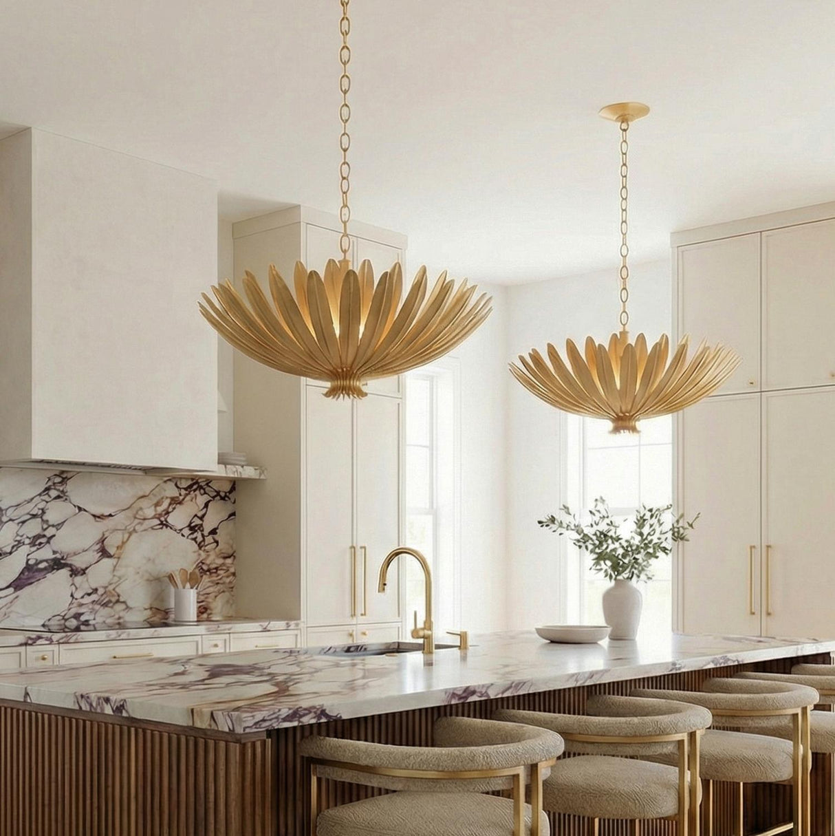 Yasmin Large Pendant 24", Gold Leaf leaf design Pendant in a Contemporary Kitchen with a marble island and wood slatted base.