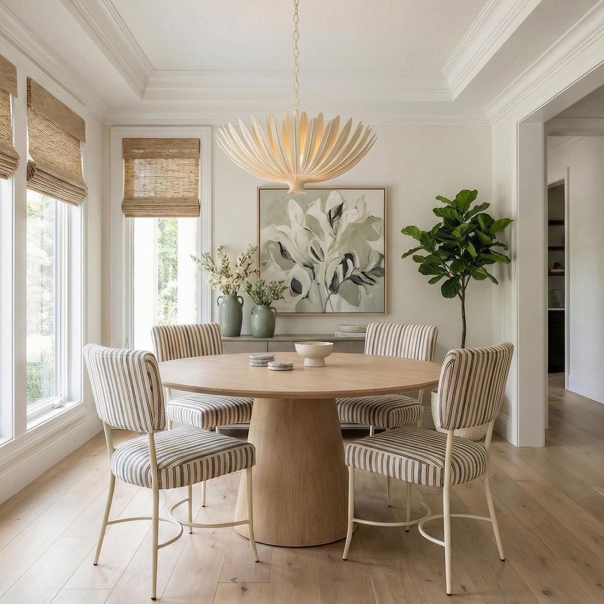 Yasmin Extra Large Pendant 35", Cream leaf design Pendant in a Transitional Dining Room with a round oak table and striped chairs.