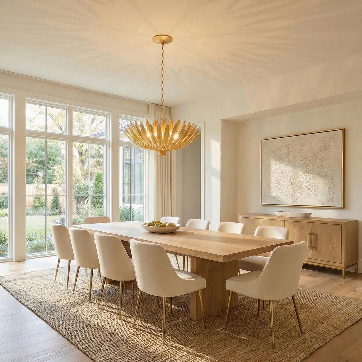 Yasmin Gold Leaf leaf design Chandelier in a Transitional Dining Room with a rustic oak table and cream chairs.