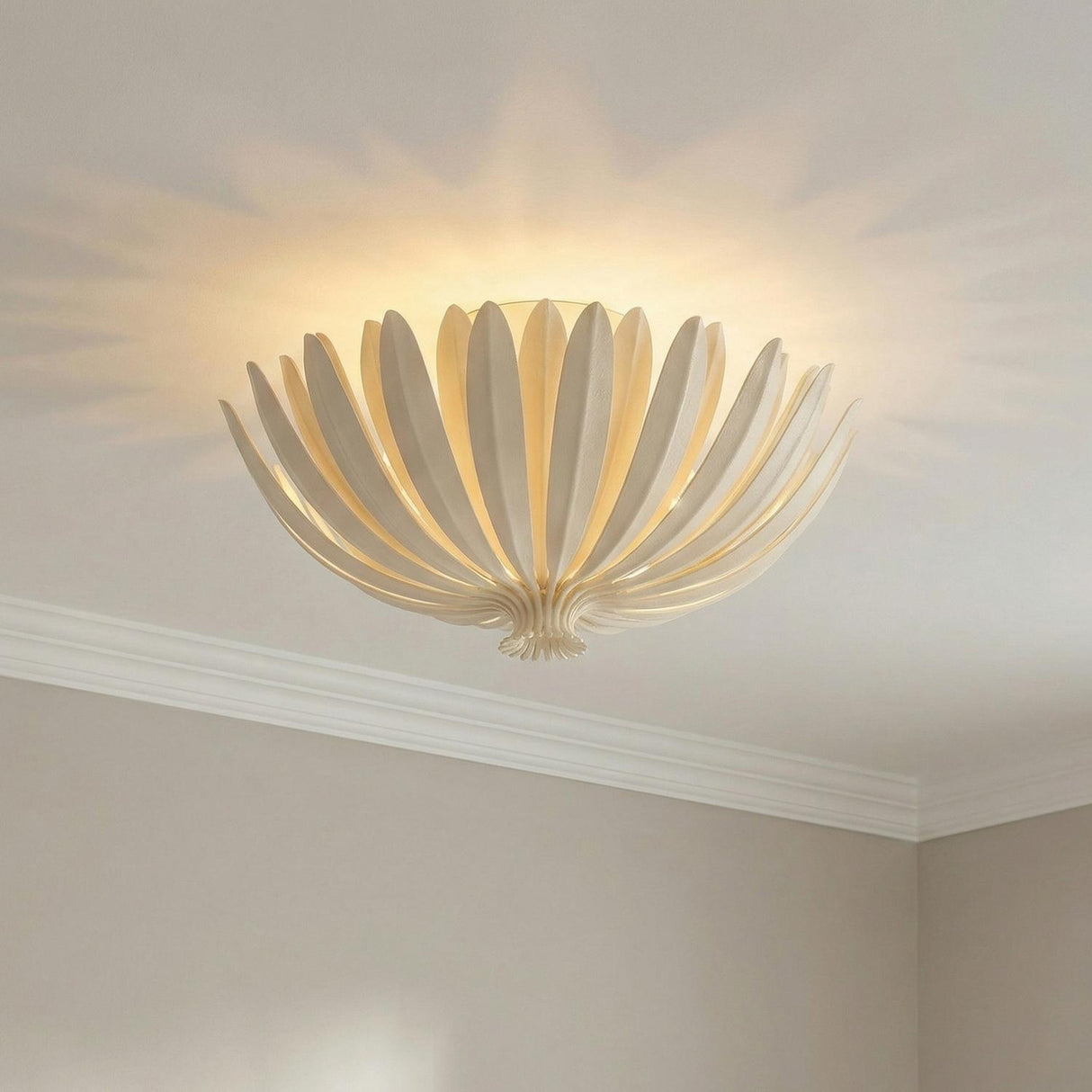 Yasmin Semi-Flush 18", Cream leaf design Flush Mount in a Transitional Bedroom with white crown molding.