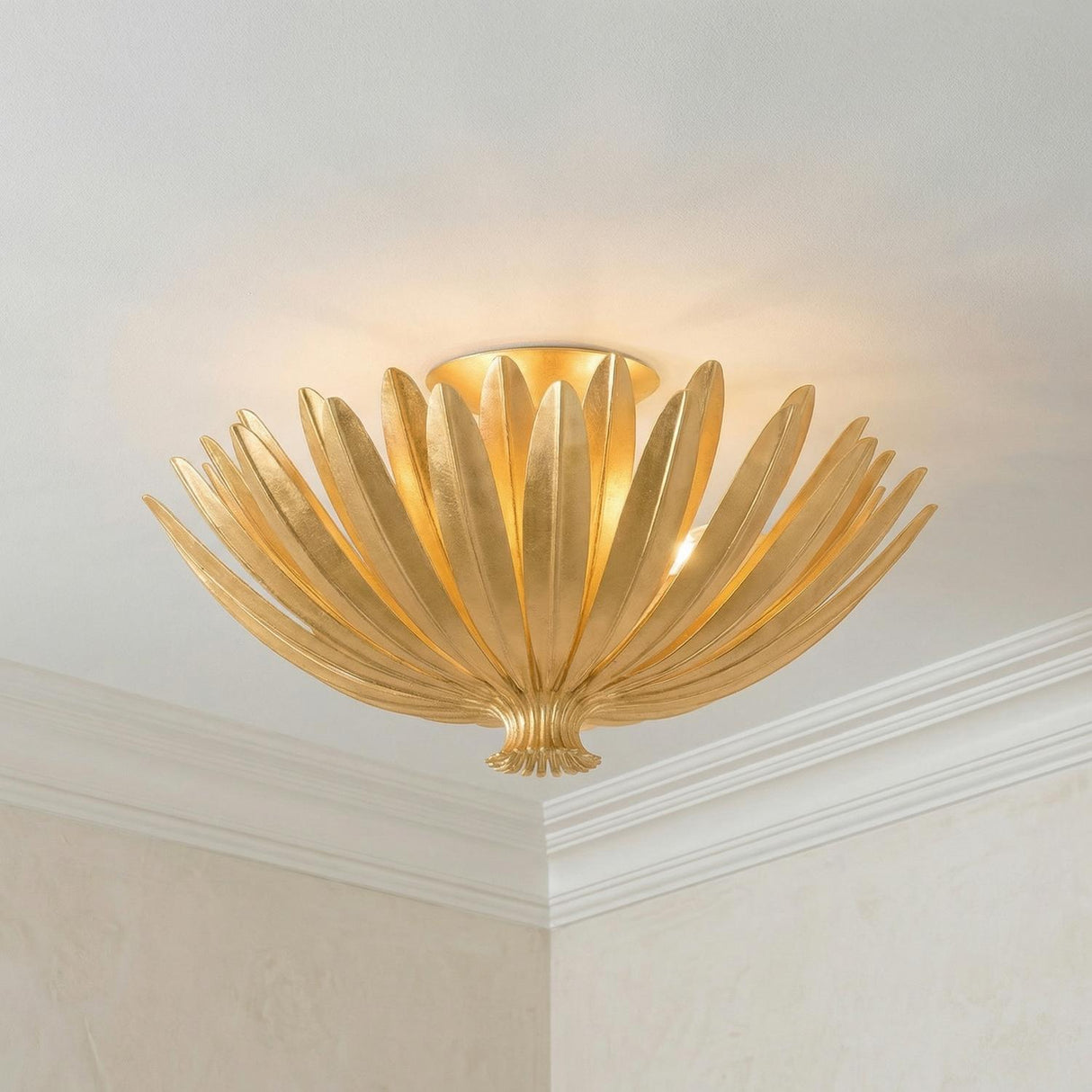 Yasmin Semi-Flush 18", Gold Leaf leaf design Flush Mount in a Contemporary Living Room with white crown molding.
