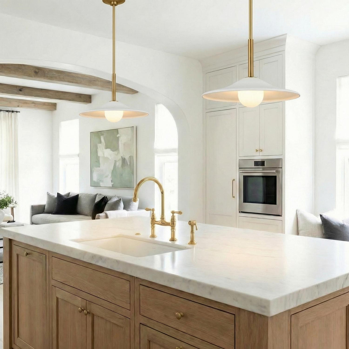 Hanna Medium Pendant 16", Modern Brass and White Plaster globe Pendant in a Modern Farmhouse Kitchen with a white marble island.
