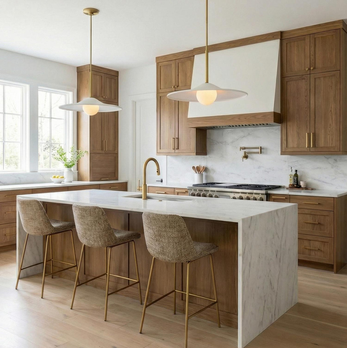 A modern kitchen with two Hanna Large Pendants in modern brass and white plaster over a white marble waterfall island with wood cabinets and brass faucet.