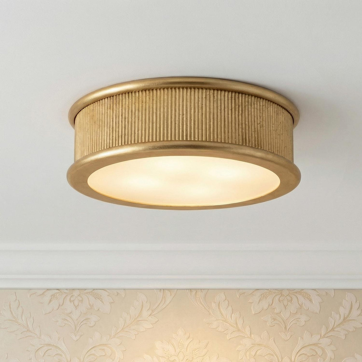 Bishop Large Flush Mount 18", Gilded Brass linear flush mount in a Traditional Hallway with damask floral wallpaper.