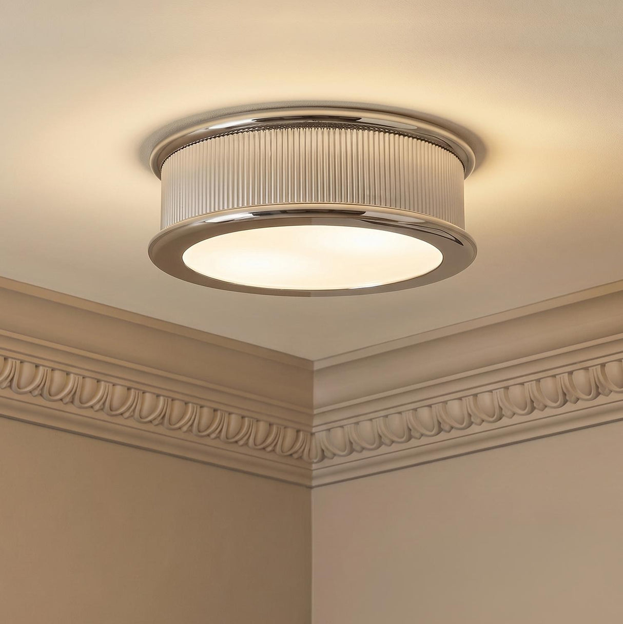Bishop Large Flush Mount 18", Polished Nickel linear flush mount in a Transitional Hallway with ornate crown molding.