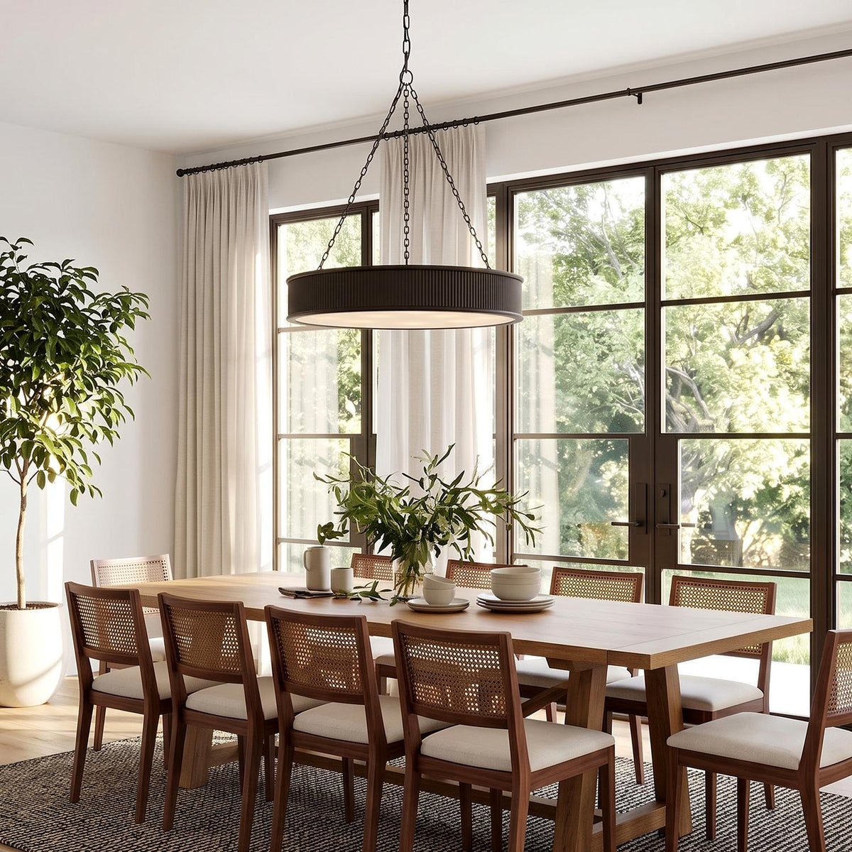 A transitional dining room featuring a Bishop Ring Chandelier 36 inch in aged iron over a light wood table with cane chairs on a textured rug.